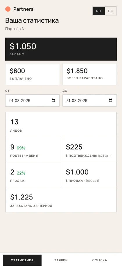 Статистика партнёра: баланс, лиды, подтверждения и продажи